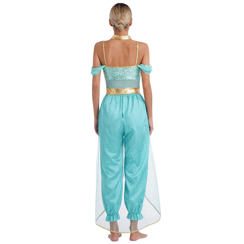 Womens Arabian Princess Belly Dance Costume Sequin Romper with Shiny Choker Collar for Halloween Role Play Parties