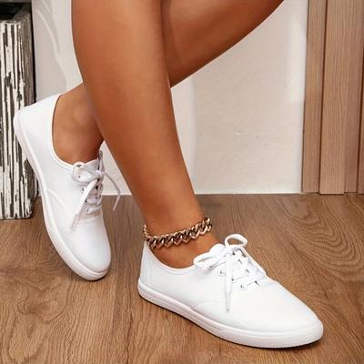 Женские белые повседневные кроссовки на шнуровке с круглым носком - Верх из дышащей ткани, Нескользящая подошва из ТПР, Удобная обувь для ходьбы с низким верхом для любого сезона