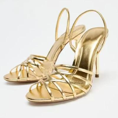Модные Элегантные Золотые Сандалии на Высоком Каблуке с Перекрестной Шнуровкой Женские Сексуальные с Острым Носком Полые на Тонком Каблуке Дизайнерская Обувь Модные Туфли с Задним Ремнем для Платья