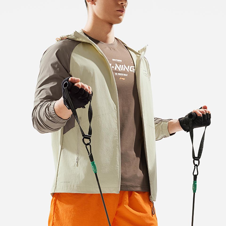 Li-Ning Водонепроницаемый кардиган с капюшоном и длинными рукавами с принтом логотипа, ветровка, мужская верхняя одежда, Ceramic-Secret Tree-серо-коричневый AFDU157-2