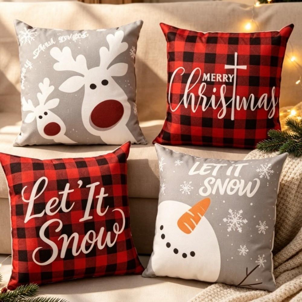 Soft Christmas Pillow Covers Flax Xmas Pillowcase Snowflake Plaid Cushion Cover Bedroom
