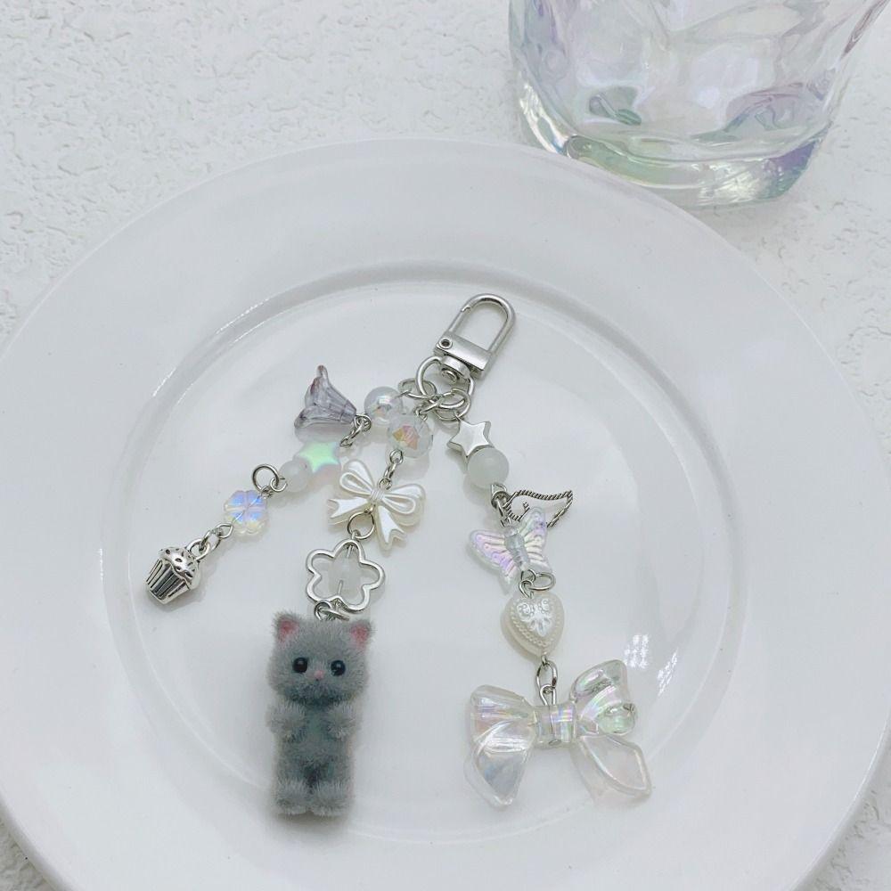 Cartoon Critters Persian Cat Pendant Bead String Car Keyring Soft Flocking Cat Keychain Girl