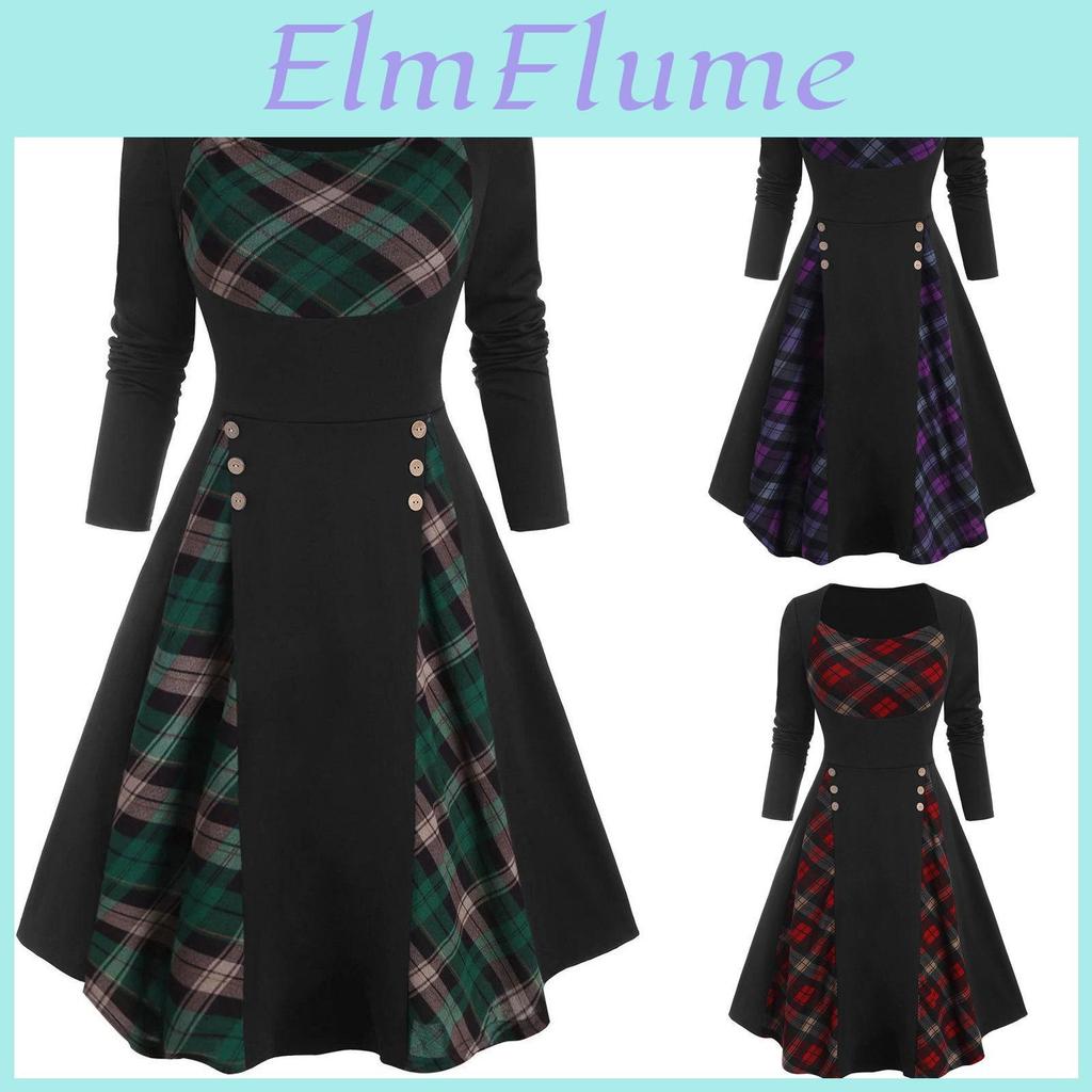 Womens Fashion Casual Elegant Plaid Print Turtleneck Midi Dress