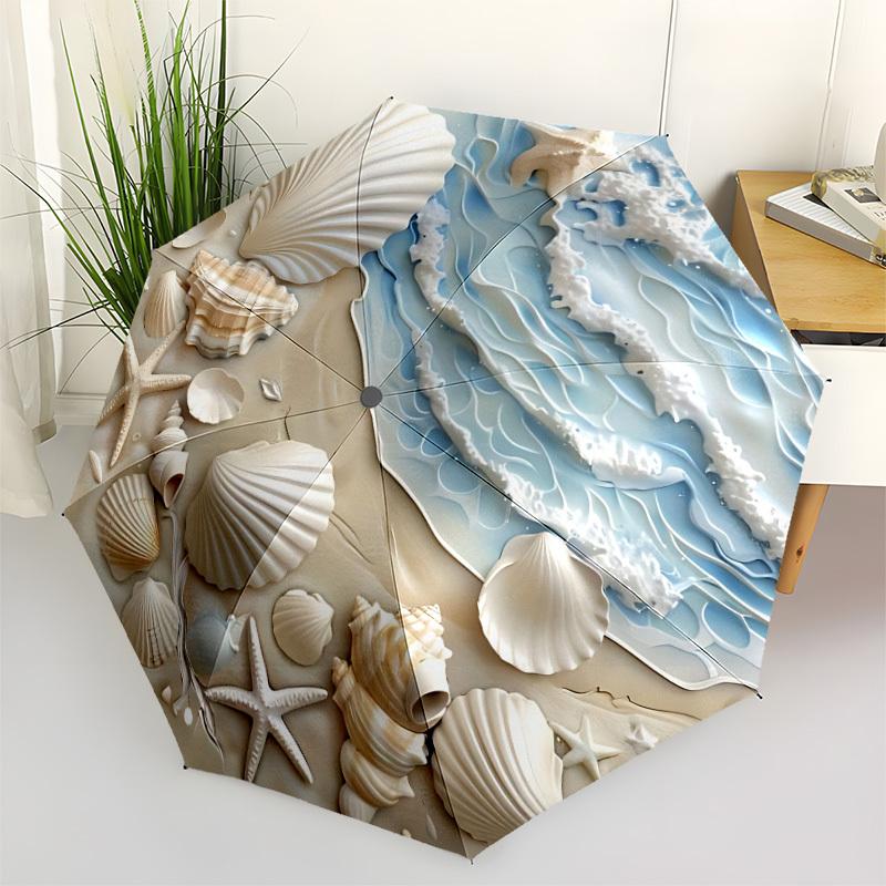 1pc Seashells Oceanwaves Automatic Open/Close Folding Umbrella - Compact 8-Rib Design, Daily Use, Perfect Gift for Friends & Family yy260327070