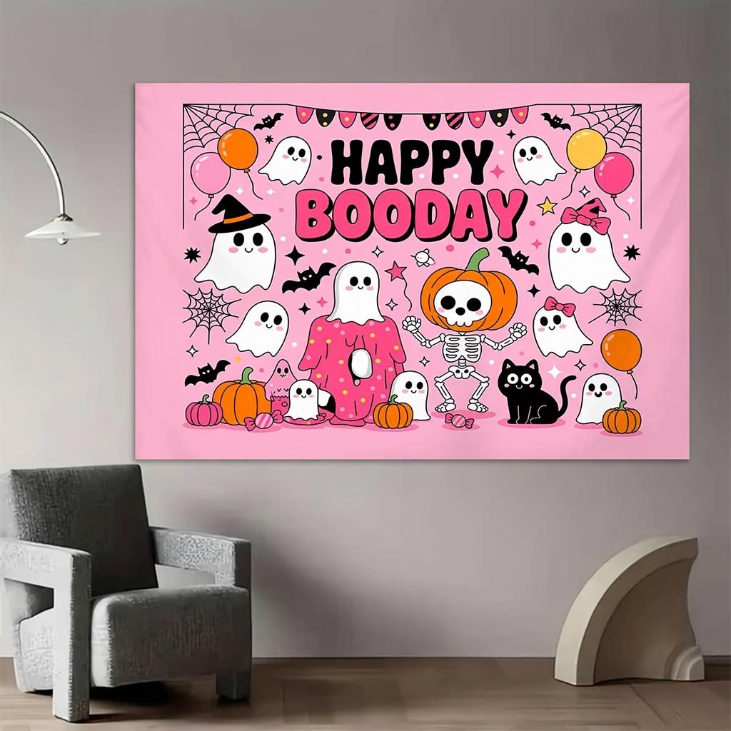 Sweet Pink Halloween & Birthday Party Background Banner - Happy Birthday Theme, Includes Cute Ghosts, Pumpkins, and Bats