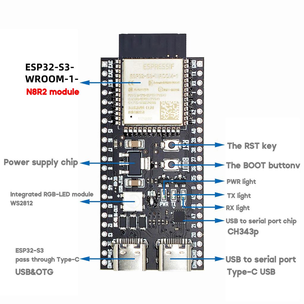 ESP32-S3-DevKitC-1-N8R2 Плата разработки WiFi + Bluetooth 2-функциональный микроконтроллер для Arduino-