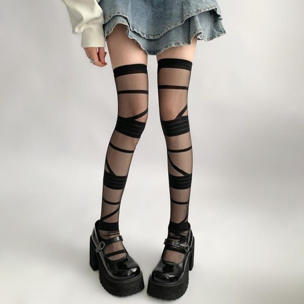 Lolita JK Style High Tube Long Socks Nylon Above Knee Stocking Transparent Stripe Stockings  Summer