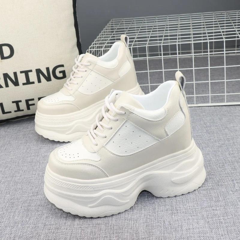 Модные кроссовки на платформе 12 см, клиновидной подошве, массивная обувь из натуральной кожи для женщин, летняя обувь, весенне-осенние кроссовки для ходьбы, мода
