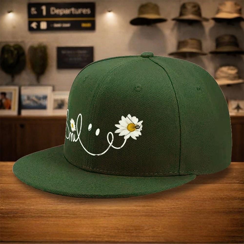 Daisy Flower Smile Graphic Baseball Cap Adjustable Polyester Street Style Snapback Hat for Unisex Adults