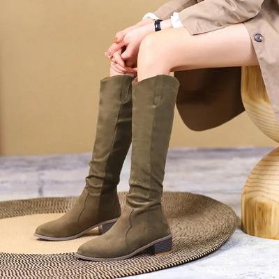 Мода женская обувь модные женские сапоги с рукавами зимние замшевые однотонные высокие туфли на толстом каблуке сапоги больших размеров Zapatos De Mujer
