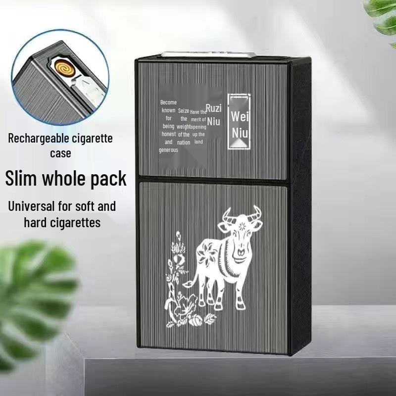 Slim 20-Piece Cigarette Case with Rechargeable Lighter - Moisture-Proof, Pressure-Resistant Flip-Top Design.