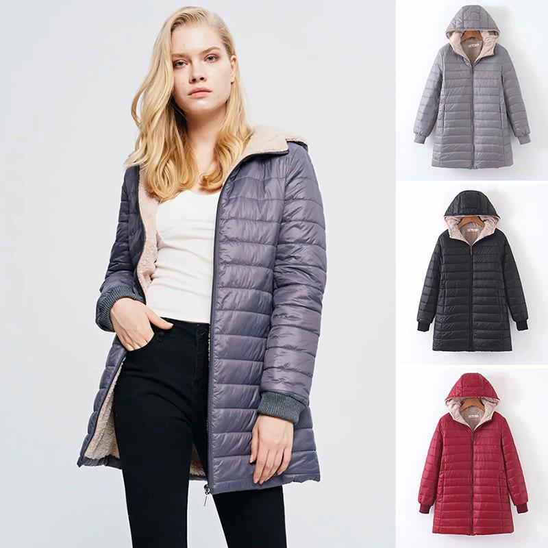 Women Mid-length Hooded Fleece Jacket Autumn Winter Lightweight Plush Lining Solid Ladies Parka Loose Female Zipper Outwear