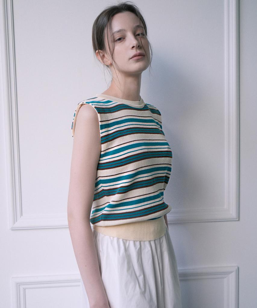VLETI Stripe Viscose Knit Sleeveless (Beige)