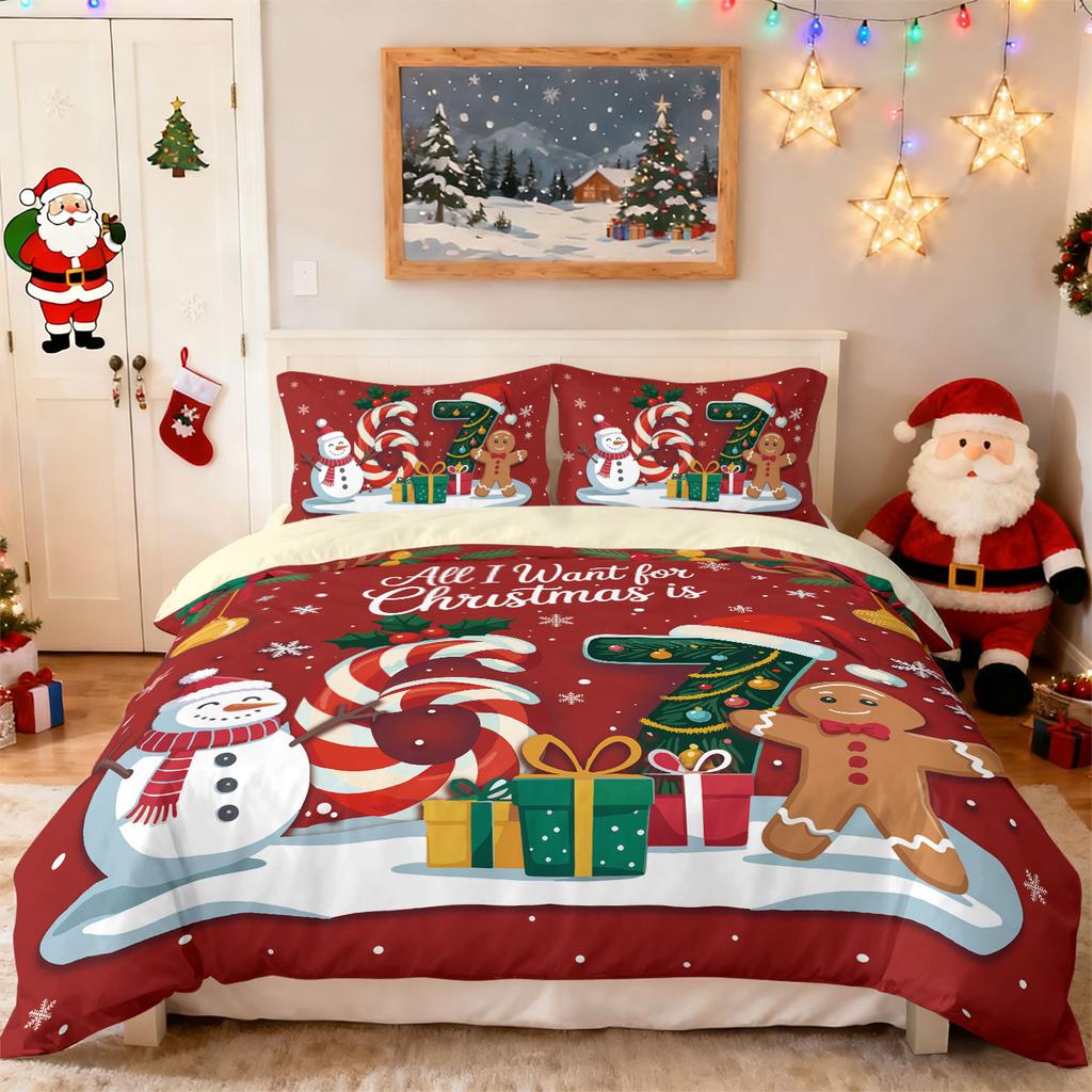 3pcs Happy Christmas Snowman Gingerbread Man Print Quilt Cover Set Multi Size Bedroom Bedding Decoration Machine Washable