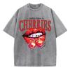 Casual Womens Acid Wash T-Shirts Cherries On The Lips Printing Tees Distressed Oversize Short Sleeve Trend Female Clothes