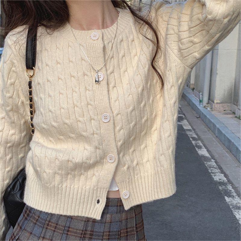 Korean Academic Cable Knit Cardigan for Women – Soft, Sweet Round Neck Solid Knitwear