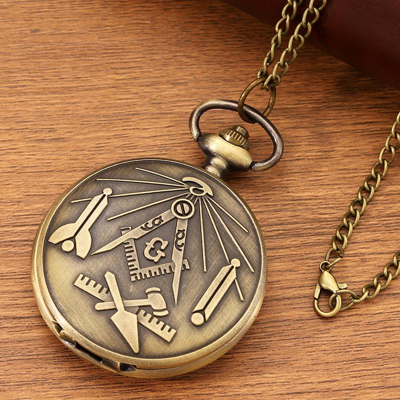 Retro Fashion Men's Bronze Pocket Watch,Classic Vintage Freemasonry Pattern Design Necklace Pendant Pocket Watch,ideal Choice for Gifts