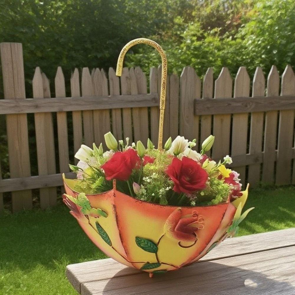 Rustic Iron Umbrella Shaped Flower Pot Wall Mounted Space Saving Hanging Flower Pot Decorative Plant Container Farmhouse