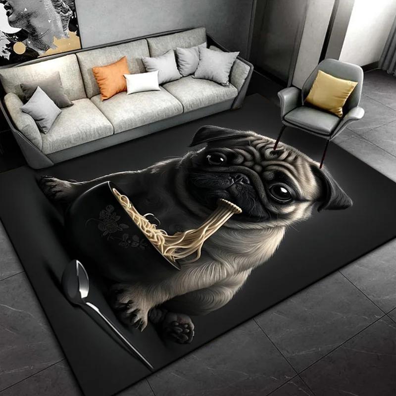 Lovely Pug Dog Cartoon Area Rug - Cute Animal Carpet for Kids Bedroom Playroom Non-Slip Kids-Friendly Floor Mat Home Decor Gift