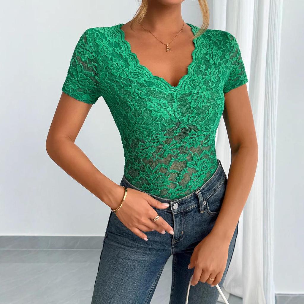 2025 Spring/Summer Women's Sexy Lace V-neck Short Sleeve Top