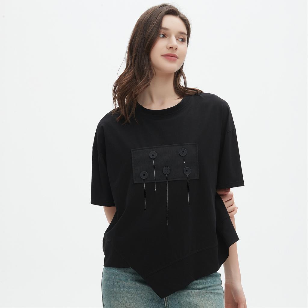 Dimanaf 2025 Summer Pocket T-shirt Women Printing Buttons Asymmetrical Short Sleeve Loose