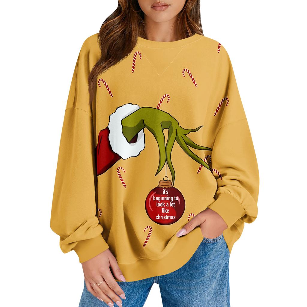 Женский повседневный рождественский принт пуловер с длинным рукавом рубашка свободного покроя свитшот