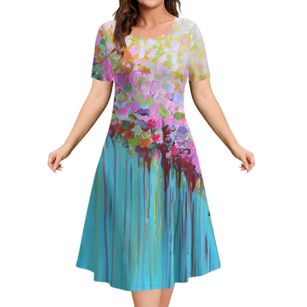 Fashion Elegant Women’S Dresses Loose A-Line Dress Women Shorty-Sleeved Top Simplicity Flowers Casual Ladies Pullover Clothing