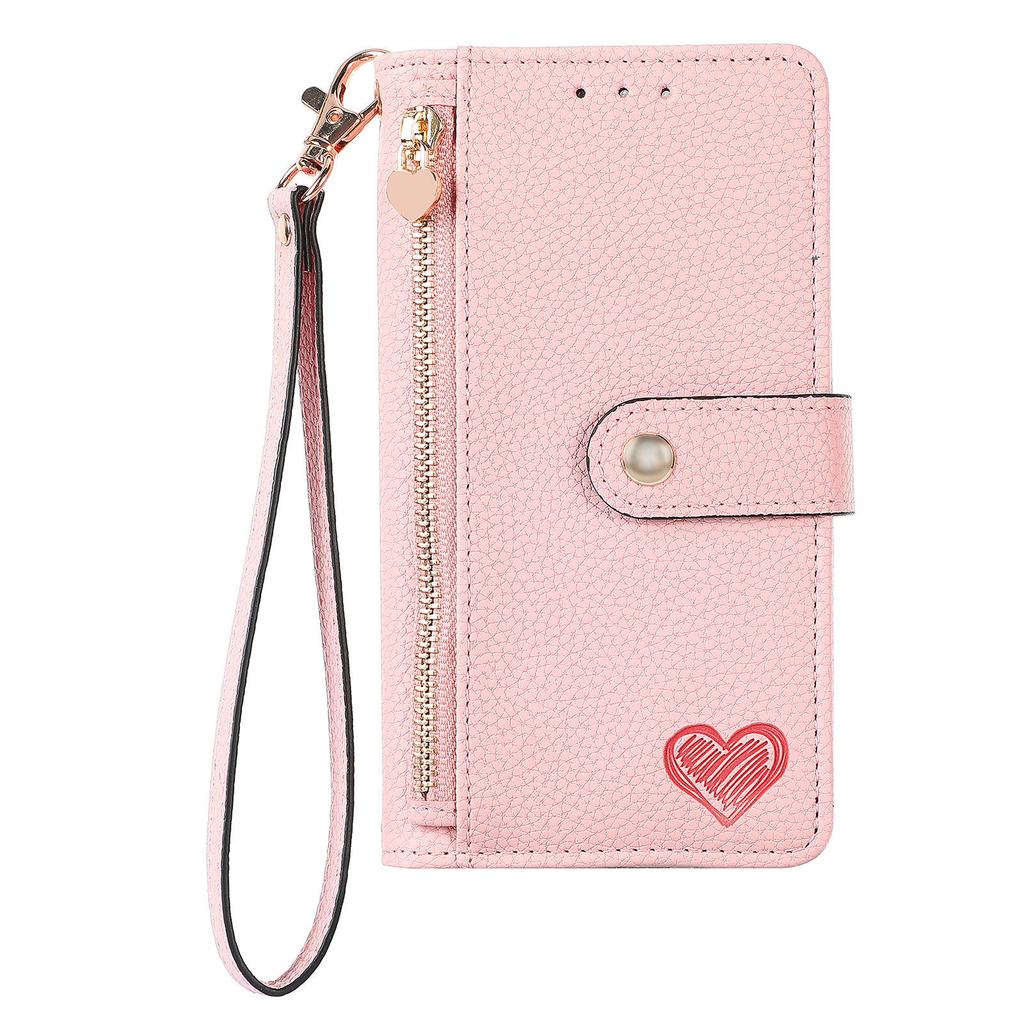 Leather Wallet Flip Case for XiaoMi Poco F8 F7 F6 F5 Ultra Pro Phone Cover Zipper Pocket, Wrist Strap, Heart Emblem, Kickstand