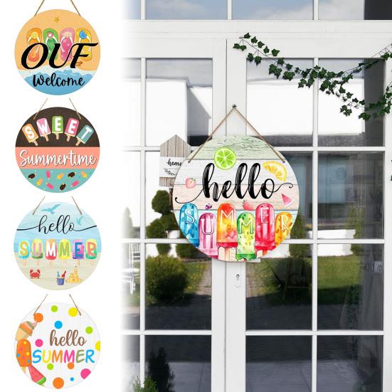 Summer Beach Welcome Sign Hello Door Sign, Ice Pop Flip Flop Hanger, Vacation Wall Art Farmhouse Hanging Wooden Wreath for Front Home Porch