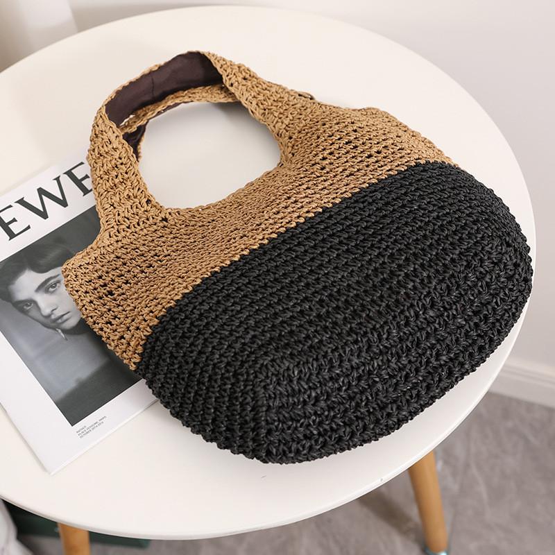 IELGY Color Matching Casual Portable Straw Bag Contrast Color Woven Seaside Vacation Beach Bag