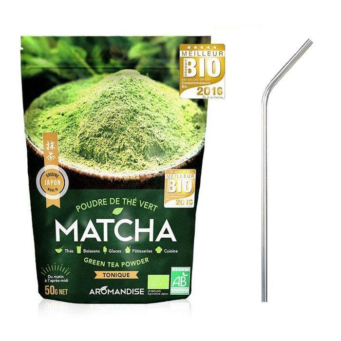 Thé vert bio Matcha en poudre 50 g + 4 pailles en inox