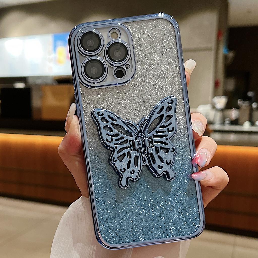 Подставка-бабочка подходит для iPhone16, 15promax, с градиентными блестками, защитной пленкой для объектива, гальваническим покрытием 14 и защитой от падений