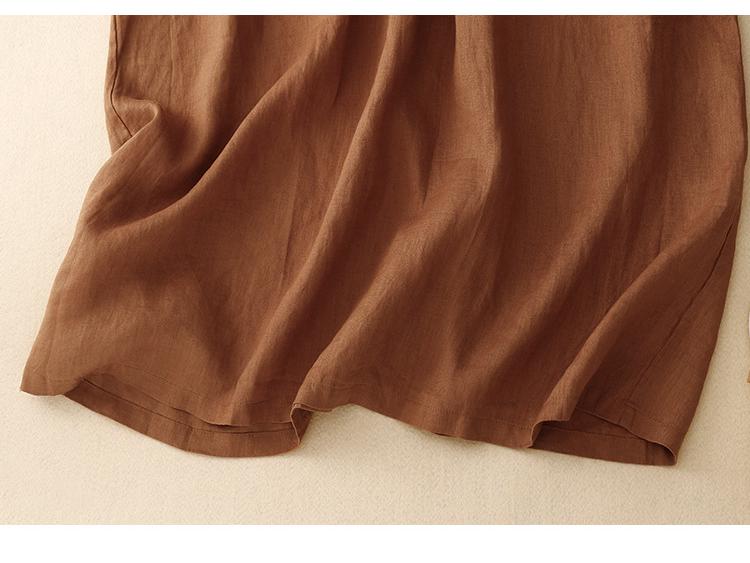 2025 Summer Literary Loose Cotton Linen Dress - Women's Solid Color, Round Neck, Short Sleeve, Mid-Length