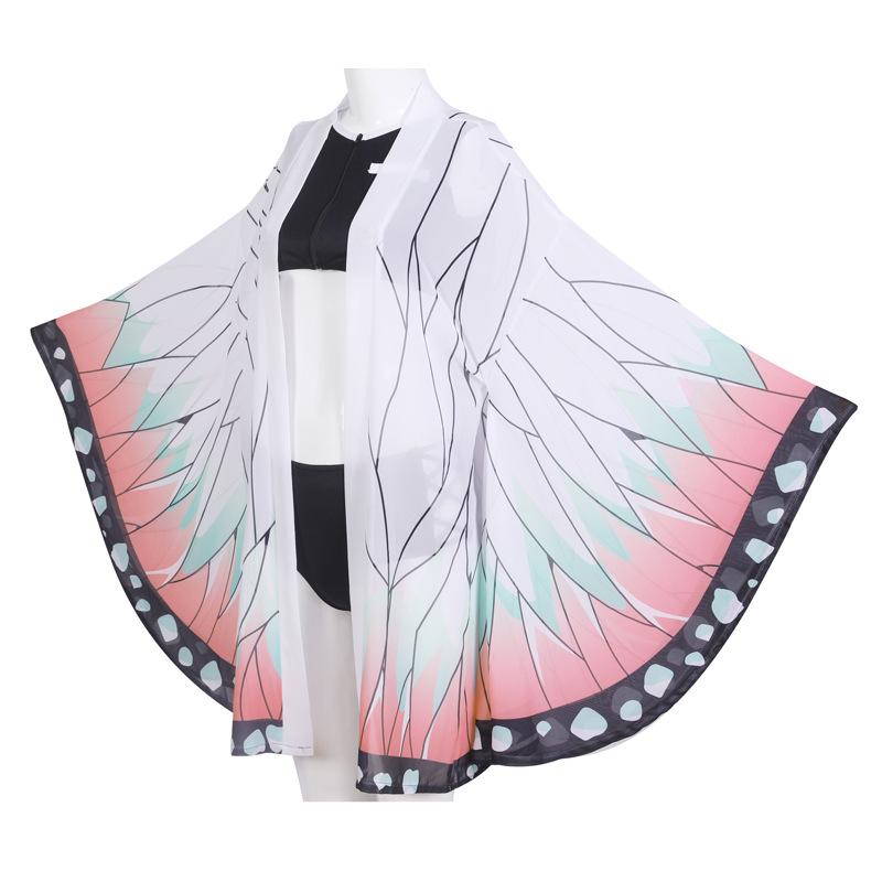 Demon Slayer Косплей Kimetsu No Yaiba Kamado Tanjirou Косплей Двухсекционный купальник с V-образным вырезом Купальник с прозрачным кимоно Кардиган