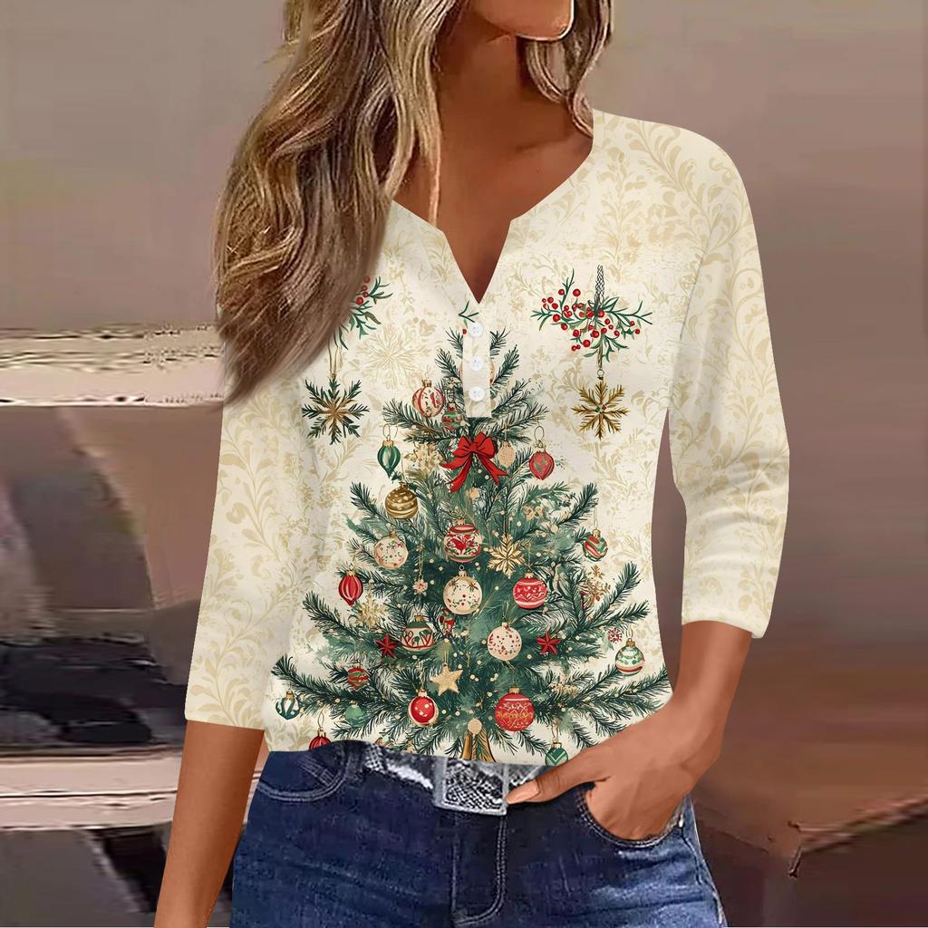 Women's Fashion Casual Christmas Tree Print V-Neck Decorative Button Three-Quarter Sleeve T-Shirt Top