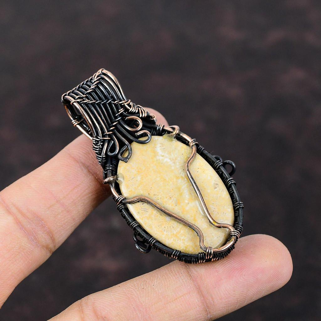 Подвеска из ископаемого коралла, подвеска из медной проволоки, совершенно новая подвеска, драгоценный камень, медные украшения, подвеска ручной работы, подарок для женщин, ювелирные изделия из проволоки