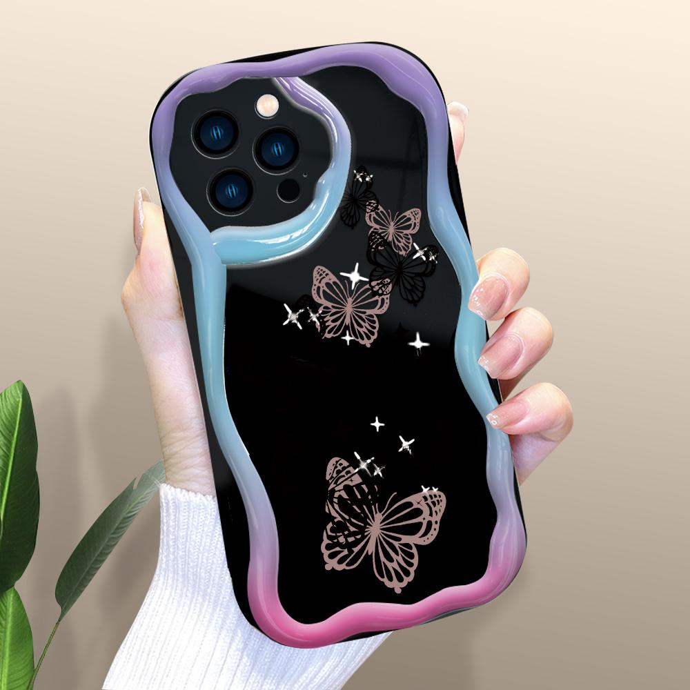 Модный чехол для телефона с бабочкой для iPhone 15, 14, 13, 12, 11, Samsung Galaxy A52, Xiaomi Redmi 14, 13C, кремовый текстурированный корпус, мягкий чехол с волнистыми краями