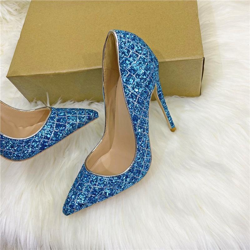 Синие сексуальные банкетные туфли на высоком каблуке, тонкие каблуки, женские туфли с блестками и кристаллами