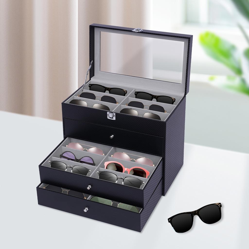 4-Layer PU Leather Glasses Display Box – Glass Top – Holds 24 Sunglasses or Eyeglasses – Black