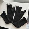 1pair Black Tattered Punk Unisex Fingerless Cuff Knit Gloves Women Men Elbow Length Mittens Broken Stretch Arm Warmer Gloves