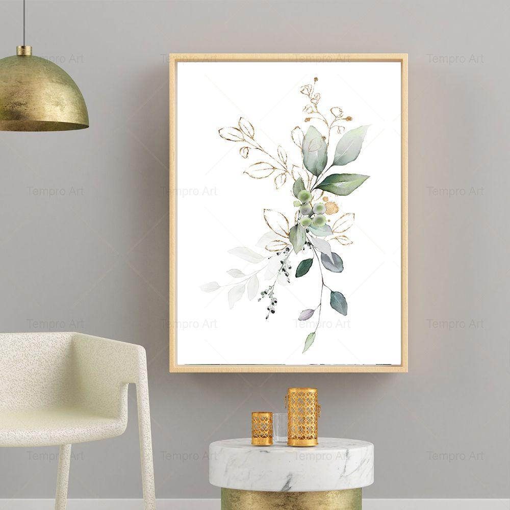 Абстрактная картина с золотым листом и цветком, настенная живопись на холсте, акварель, зеленое золото, ботанический постер с принтом, изображение в скандинавском стиле, домашний декор, подарок