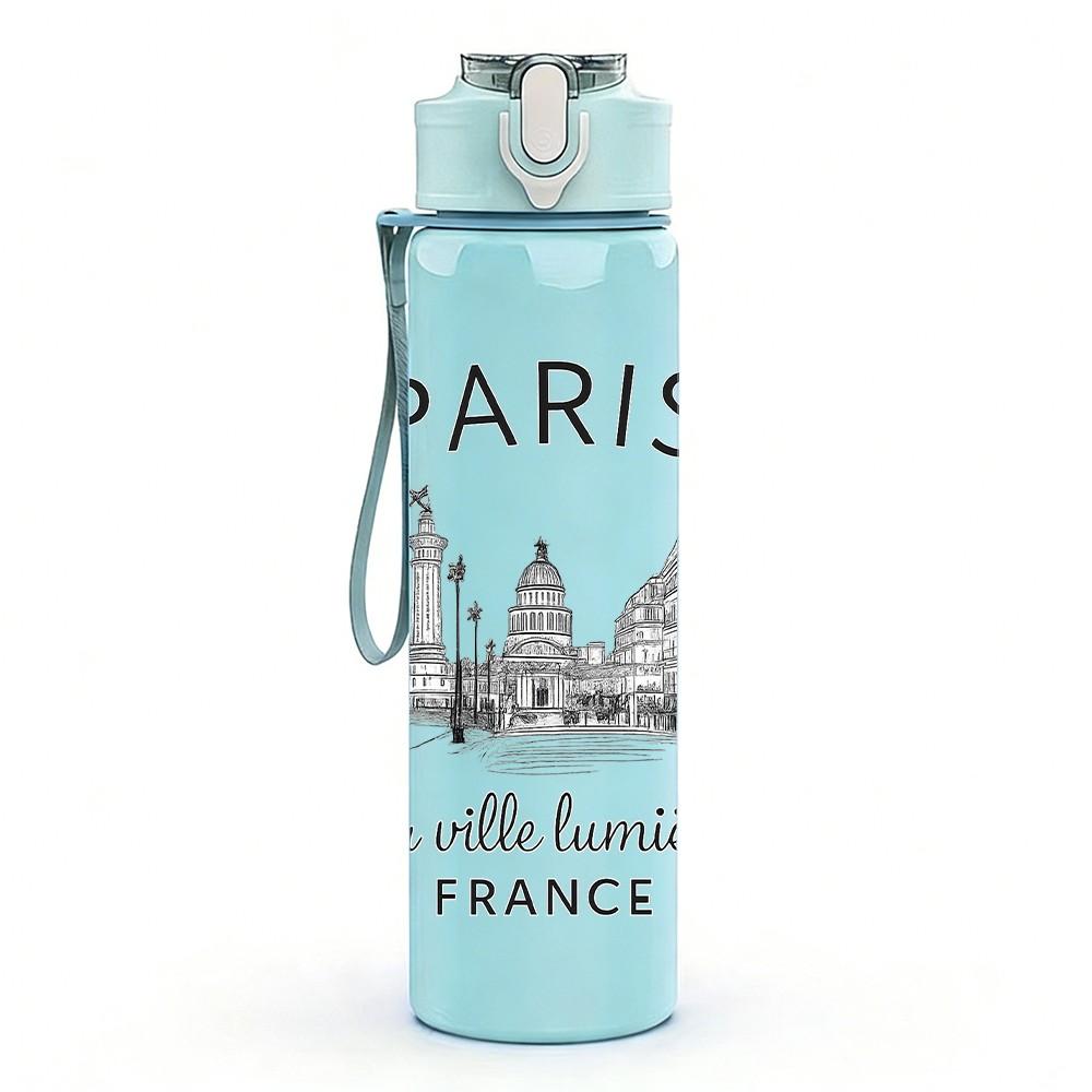 1PC Paris City Landmark Art Print 750ml Color Plastic Sports Water Bottle Leakproof Flip Straw Lid Suitable for Sports Office Home Use