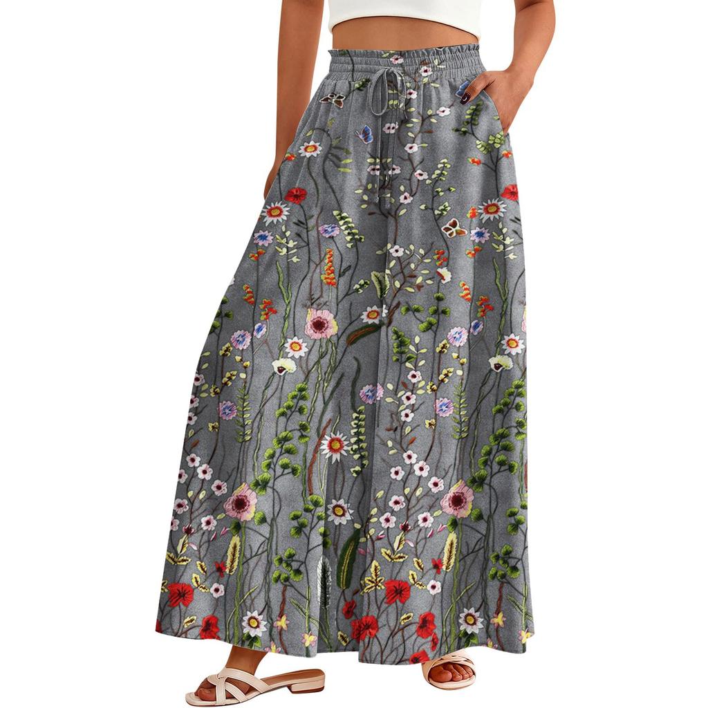 Women's Palazzo Pants Boho Floral Wide Leg Trousers Summer Beach High Waisted Flowy Pants With Pockets