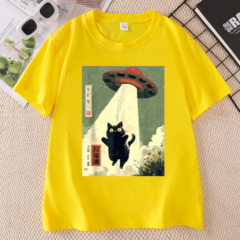 Black Cat UFO Graphic TShirts Japanese Cat Alien Graphic Tee Unisex Unisex Cotton Short Sleeve Printed Tshirts Streetwear