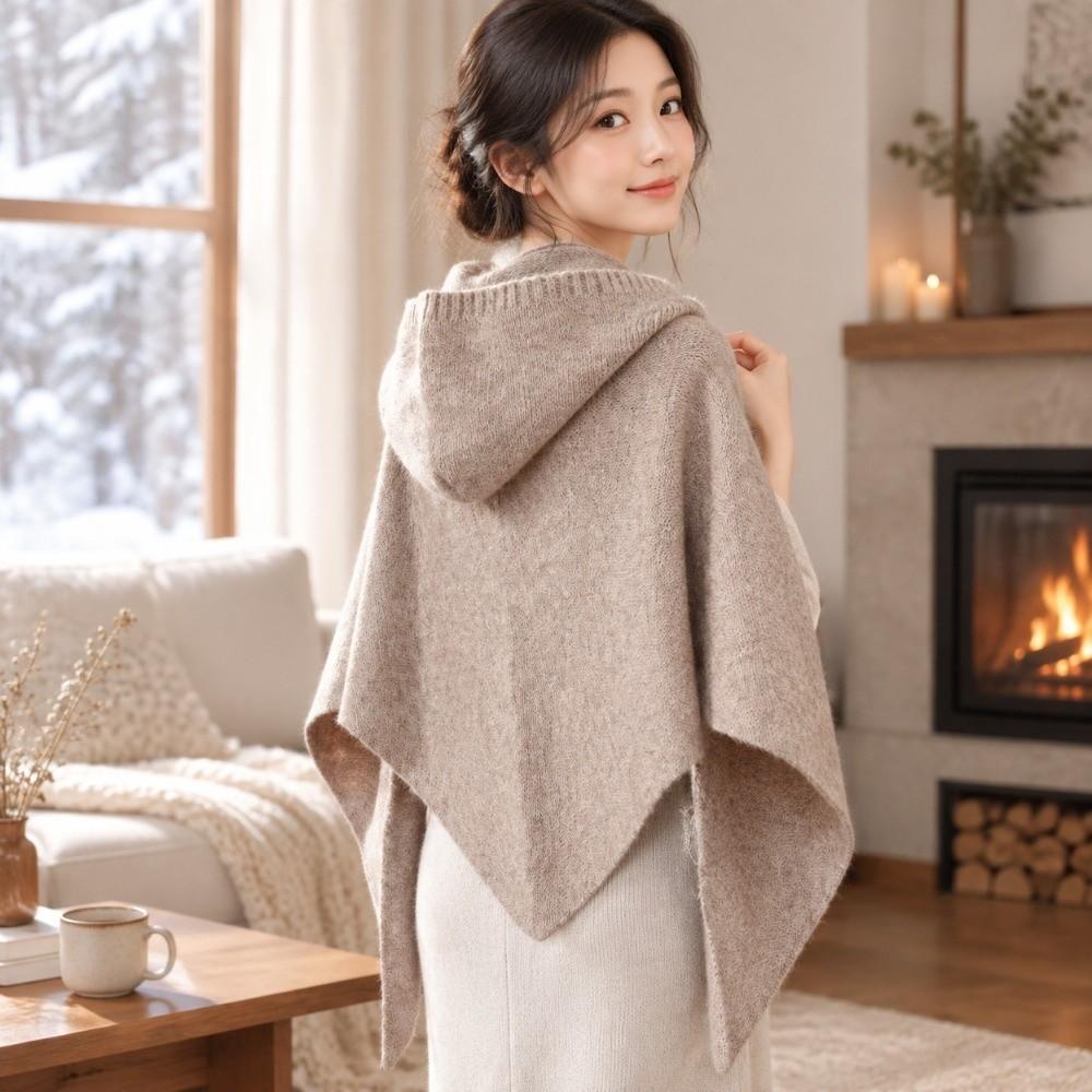 Thick Knit Winter Knitted Cape Wool Blend Women Shawl Warmer Hooded Triangle Scarf Outdoor