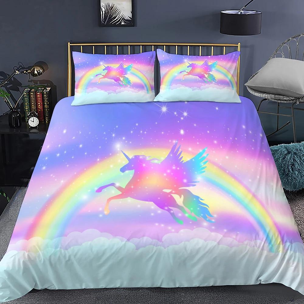 Unicorn Soft Duvet Cover Purple Pink Carton Dream Warm Comforter Cover Set Women Stars Rainbow Rhinestone Beding Set for Tenage Young Girls