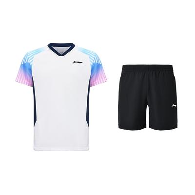 Li-Ning Высококачественный динамичный полосатый легкий дышащий топ с V-образным вырезом, удобные шорты прямого кроя на кулиске, повседневный спортивный костюм AAYV199-1+AKSU789-3