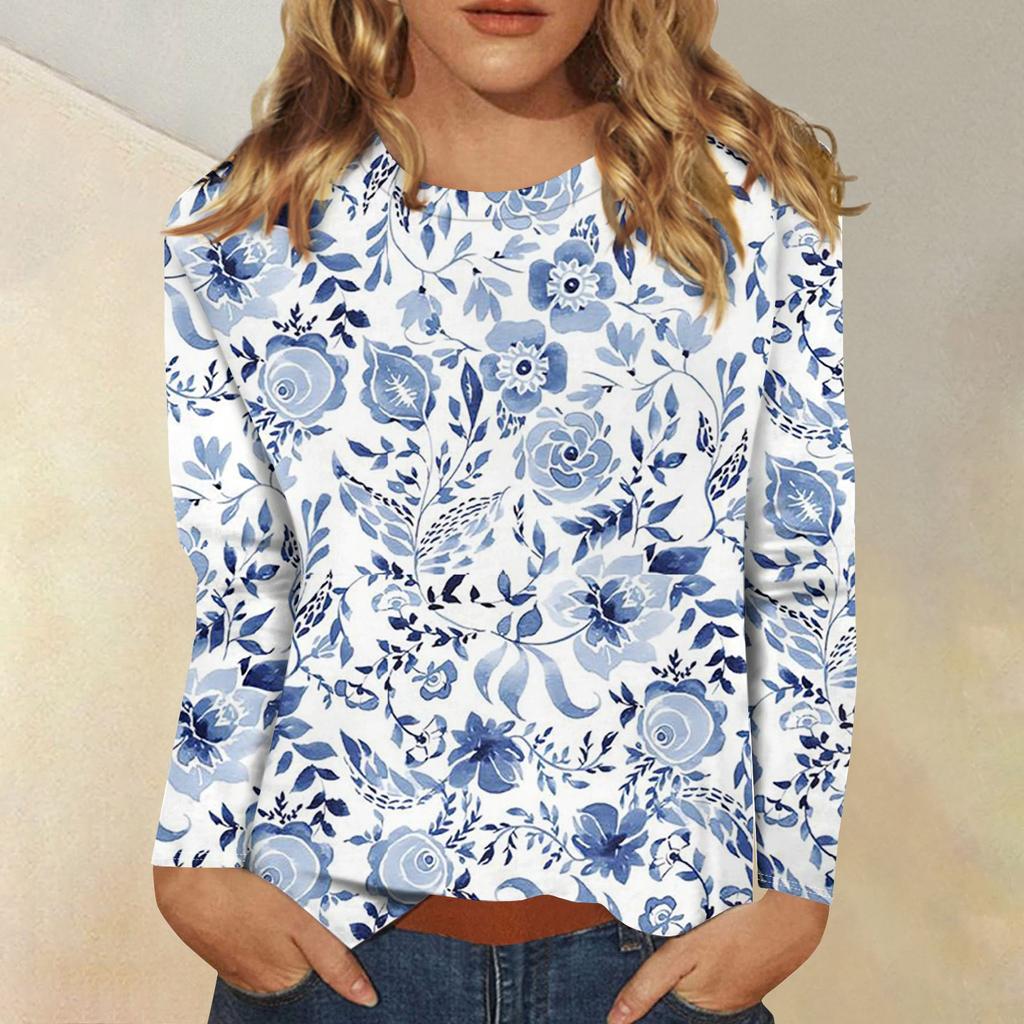 Женская модная повседневная футболка с круглым вырезом и длинным рукавом с принтом, топ