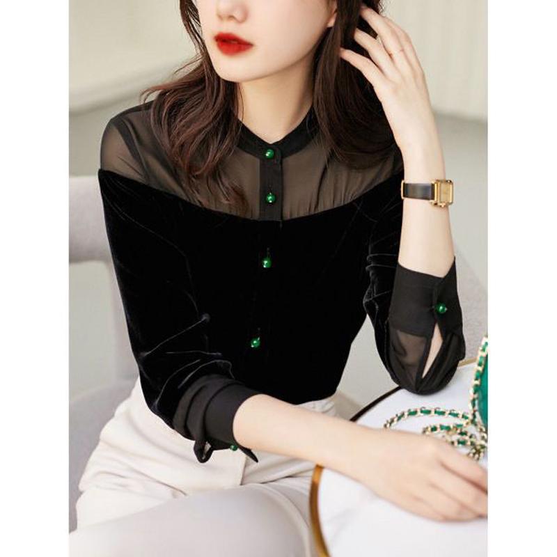 Сексуальная прозрачная сетчатая блузка с пэчворком, элегантная и шикарная, женская, весенне-летняя мода, воротник-стойка, длинный рукав, черный топ, женская блузка