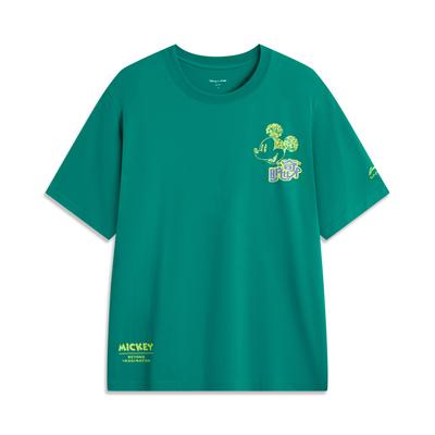 Li Ning Disney Mickey Collaboration мягкая удобная дышащая футболка с вышитым логотипом с круглым вырезом свободная футболка с коротким рукавом мужская футболка темно-бирюзового цвета AHSUA75-3